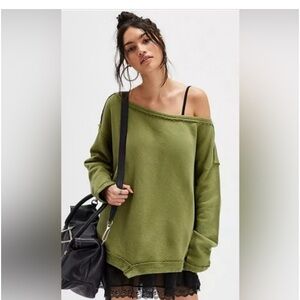 Free People Conrad Olive Green Oversized Off the Shoulder Sweatshirt